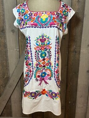 Solei Mexico Embroidered Floral Mini Dress White Multicolor Boho Folk Medium